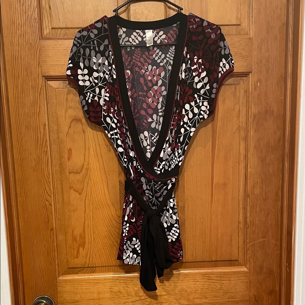 Merona Black and Maroon Floral Wrap Blouse